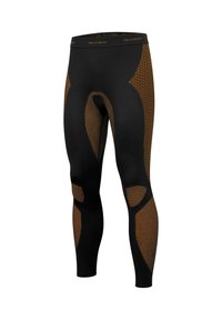 Black leggings with honeycomb and striped design accents in brown. Made from a blend of 70% polyamide and 30% polyester for stretch and comfort.