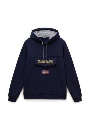 Felpa con cappuccio blu navy con fodera grigia, dotata di tasca frontale, un logo rettangolare e un patch della bandiera della Norvegia sul davanti.
