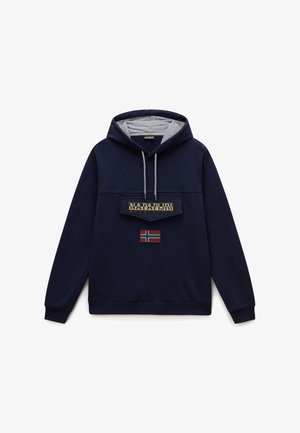 Felpa con cappuccio blu navy con fodera grigia, dotata di tasca frontale, un logo rettangolare e un patch della bandiera della Norvegia sul davanti.