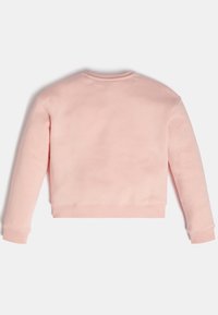 Vaaleanpunainen, lyhyt hiha pullover, jossa on pitkät hihat, ribbineuleiset hihansuut ja helma. Pehmeä rakenne ja yksinkertainen muotoilu, ilman lisäkuvioita tai -koristeita.