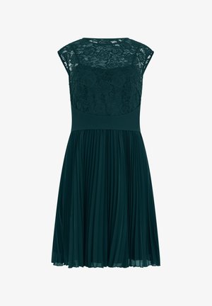 Donkergroene mouwloze jurk met een bloemrijke kanten top en geplooide chiffon rok, voorzien van een getailleerde tailleband.