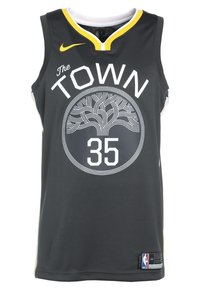 Maillot de basket noir avec "The Town," un arbre stylisé et le numéro 35 en blanc, avec logo Nike jaune et bordure de col jaune et blanc.