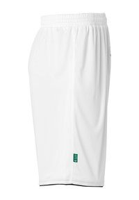 Witte sportieve shorts met een elastische tailleband, gemaakt van lichtgewicht stof, met een klein groen logootje aan de onderzijde.