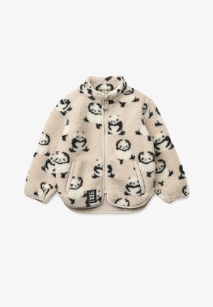 Kermaanmteilinen fleece-takki, jossa mustat pandaprintit. Takissa on korkea kaulus, täydellinen vetoketju ja sivutaskut. Pehmeä rakenne ja rento design.