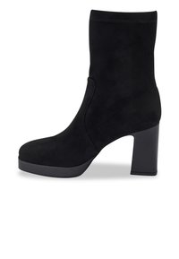 Bottines noires en daim avec un bout arrondi, talon bloc haut et texture lisse. Détail de couture sur le côté sans matériel visible.