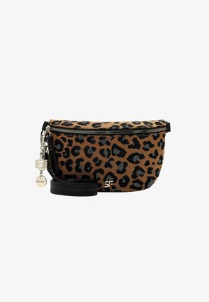 Umhängetasche mit Leopardenmuster in einem Farbdesign aus Hellbraun und Schwarz, ausgestattet mit einem Reißverschluss, einem Ledertrageriemen und metallischen Hardware-Elementen.
