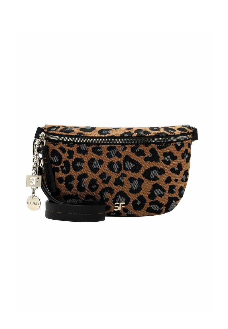 Borsa a tracolla con stampa leopardata in una combinazione di colori marrone e nera, dotata di chiusura con zip, tracolla in pelle e accessori in metallo.