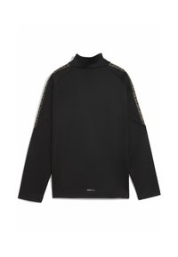 Sudadera negra de manga larga con un cuello alto, que presenta detalles estampados en los hombros y la marca "WARMCELL" en la parte baja de la espalda.