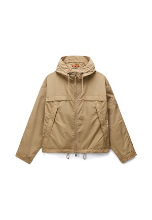 Giacca leggera beige con cappuccio, cerniera frontale, coulisse su cappuccio e orlo, tasche frontali inclinate e maniche lunghe con polsini regolabili.