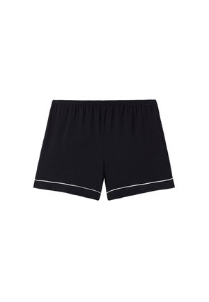 Svarta bomullsshorts med elastisk midja och vit piping längs fållen. Rakt snitt, slät textur och inga fickor.
