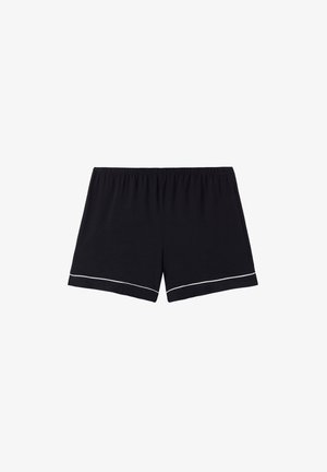 Svarta bomullsshorts med elastisk midja och vit piping längs fållen. Rakt snitt, slät textur och inga fickor.