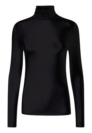 Zwart, nauwsluitend shirt met lange mouwen en col, gemaakt van gladde stof, weergegeven op een witte achtergrond.