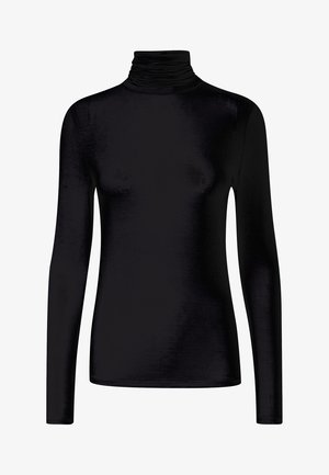 Zwart, nauwsluitend shirt met lange mouwen en col, gemaakt van gladde stof, weergegeven op een witte achtergrond.