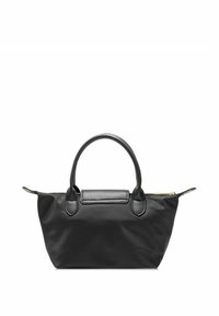 Czarna torebka nylonowa z akcentami z syntetycznej skóry, z podwójnymi, zaokrąglonymi uchwytami i zapięciem na zamek. Prosty, prostokątny kształt bez widocznych wzorów.