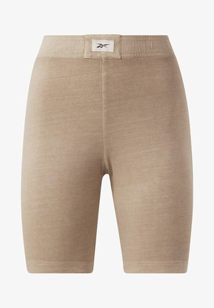 Beżowe spodenki rowerowe wykonane z miękkiego materiału, z szerokim pasem z metką. Gładka tekstura, długość do kolan i bez wzorów.