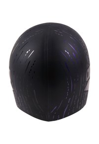Gorro de natación negro con textura suave, que presenta patrones de líneas abstractas en púrpura y blanco y una forma contorneada para un rendimiento aerodinámico.