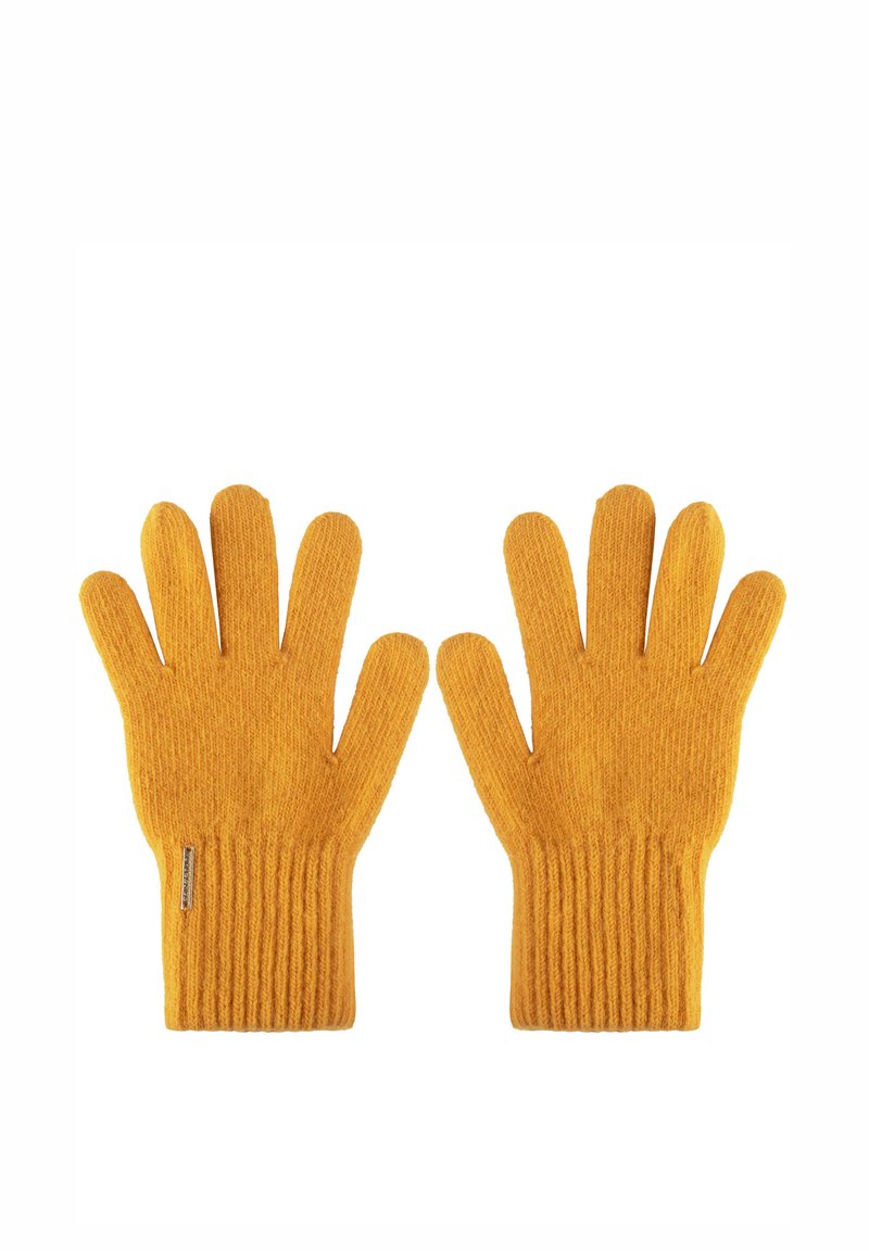Guantes de lana amarillos con puños acanalados; diseño de cinco dedos. El material parece suave con un acabado texturizado.
