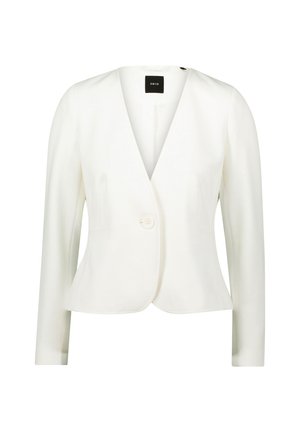 White tailored blazer, featuring a V-neckline, single button closure, long sleeves, textured fabric, and two front pockets.
