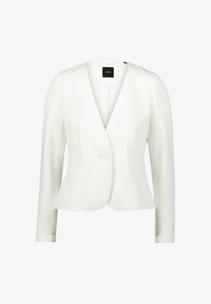 White tailored blazer, featuring a V-neckline, single button closure, long sleeves, textured fabric, and two front pockets.