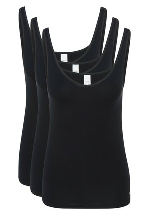 Tre canotte nere con spalline sottili. Realizzate in tessuto liscio, presentano un collo rotondo e nessun motivo o decorazione visibile.