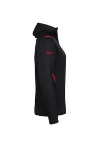 Schwarzer Hoodie aus glattem Stoff, mit rotem Reißverschlussdetail und Logo am Ärmel, mit taillierter Silhouette und verstellbarem Kapuzen. 