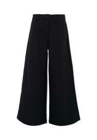 Wijde zwarte broek van stof, met knoopsluiting, lussen voor een riem en zijzakken. Soepele textuur met een strak ontwerp.