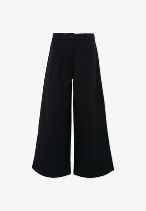 Pantalon à jambes larges en tissu noir, doté d'une fermeture à boutons, de passants pour ceinture et de poches latérales. Texture lisse avec un design épuré.