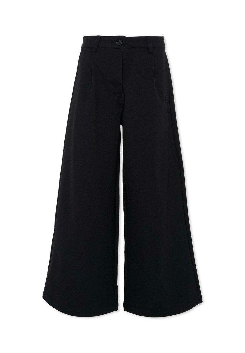 Wijde zwarte broek van stof, met knoopsluiting, lussen voor een riem en zijzakken. Soepele textuur met een strak ontwerp.