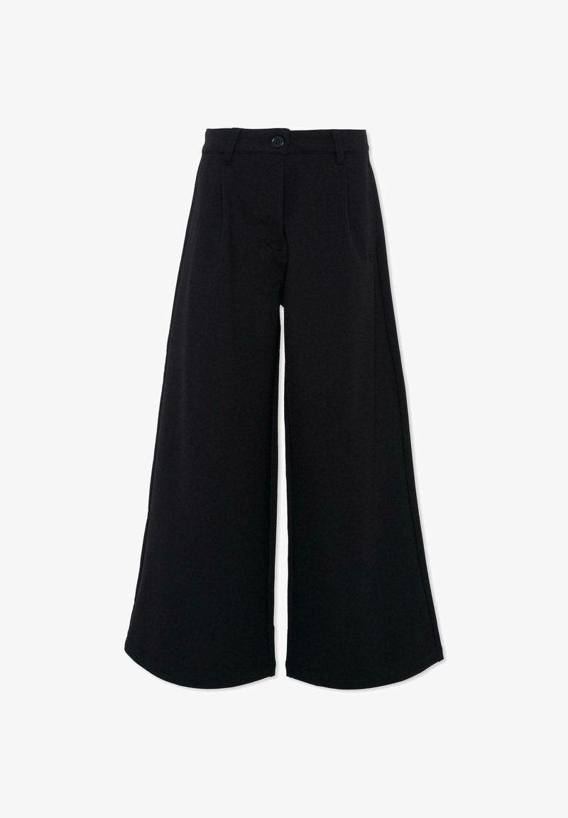 Pantalon à jambes larges en tissu noir, doté d'une fermeture à boutons, de passants pour ceinture et de poches latérales. Texture lisse avec un design épuré.