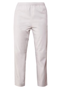 Lichtgrijze broek met elastische taille, een getailleerd ontwerp, cropped lengte en gladde textuur; met minimale naden en zonder zichtbare accenten.