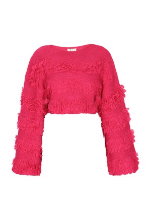 Lyserød cropped sweater med lange, frynsede ærmer og struktureret strikkemønster. Har horisontale frynsede bånd langs kroppen og ærmerne.