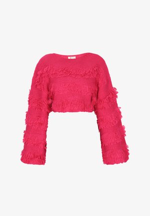 Pink cropped sweater with long, fringed sleeves and textured knit pattern. Features horizontal fringe bands along the body and sleeves.