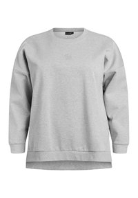 Grijze sweatshirt met ronde hals, lange mouwen en een ontspannen pasvorm. Voorzien van een subtiele geborduurde logo aan de voorkant en geribbelde manchetten.