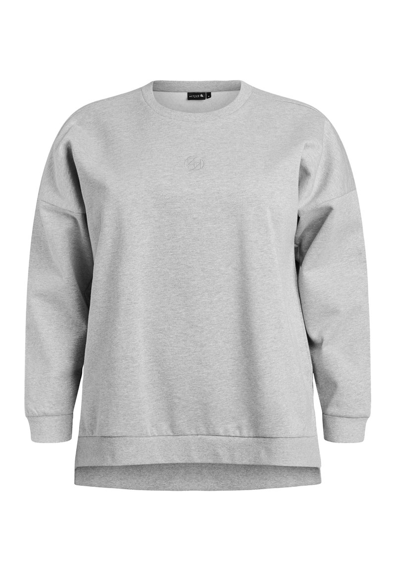 Grijze sweatshirt met ronde hals, lange mouwen en een ontspannen pasvorm. Voorzien van een subtiele geborduurde logo aan de voorkant en geribbelde manchetten.