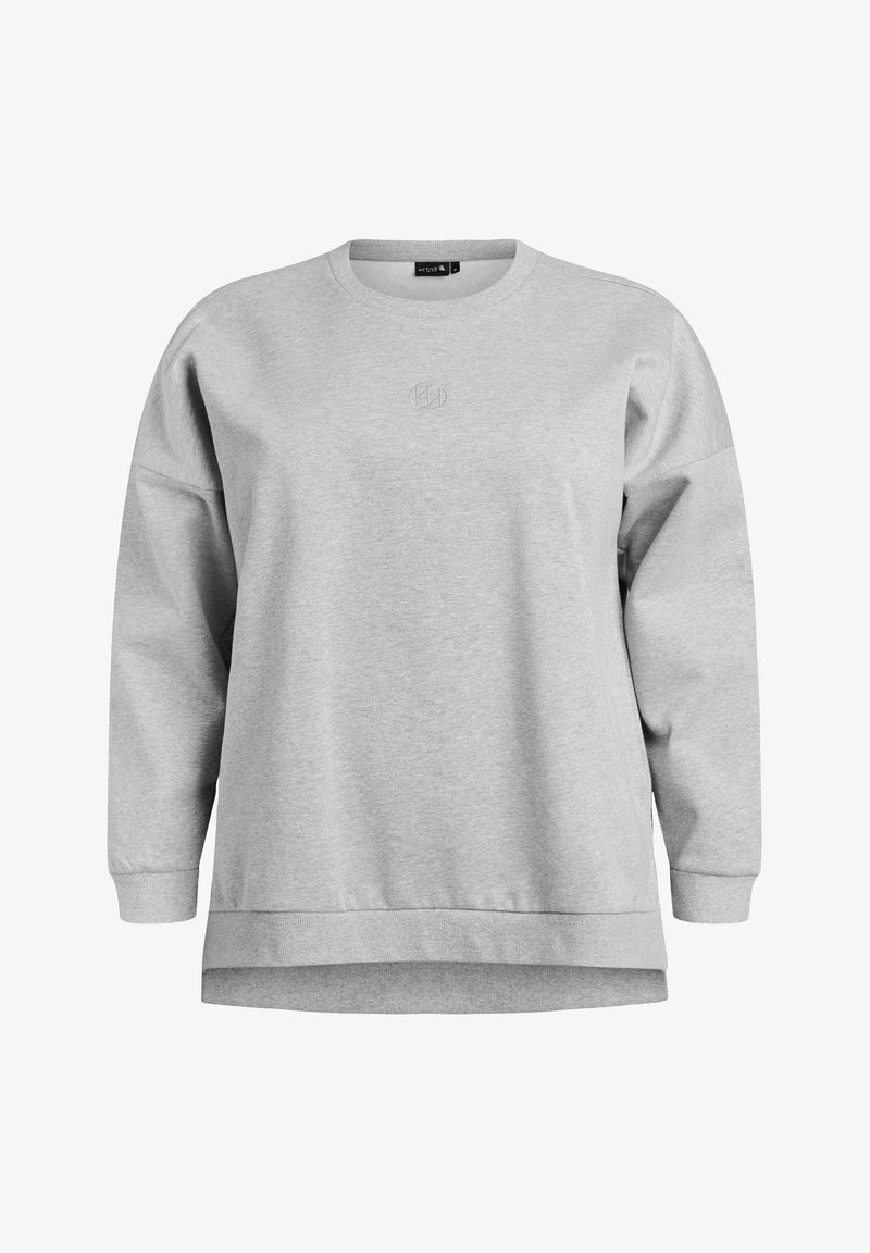 Grijze sweatshirt met ronde hals, lange mouwen en een ontspannen pasvorm. Voorzien van een subtiele geborduurde logo aan de voorkant en geribbelde manchetten.