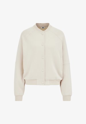 Pehme beežist nööpidega bomberjakk soonikkoega krae, mansettide ja alumise äärega, millel on pikad varrukad ja küljetaskud.