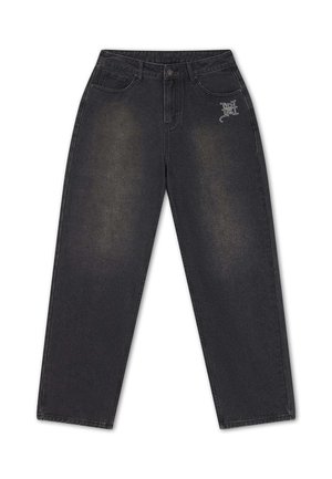 Jeans neri a vita alta con gamba dritta, dettagli scoloriti, tasche frontali, passanti per cintura, chiusura con bottone e logo bianco ricamato sulla tasca frontale destra.