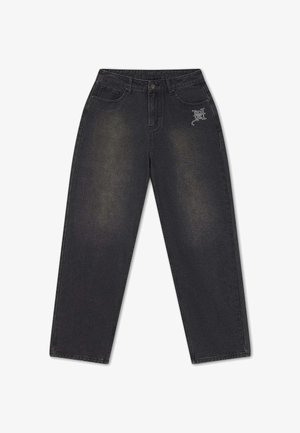 Jeans neri a vita alta con gamba dritta, dettagli scoloriti, tasche frontali, passanti per cintura, chiusura con bottone e logo bianco ricamato sulla tasca frontale destra.