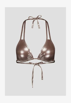 Bronzefarbener, metallischer Bikini-Oberteil mit Bindebändern, dreieckiger Form, gerafften Cups und verstellbarem Rücken. Glatte Textur mit glänzendem Finish.