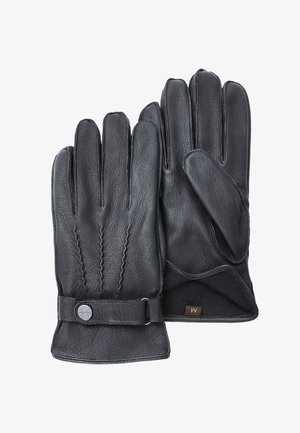 Gants en cuir noir avec une surface texturée, présentant des détails cousus à l'arrière, une sangle avec un bouton-pression métallique, et une doublure intérieure douce.