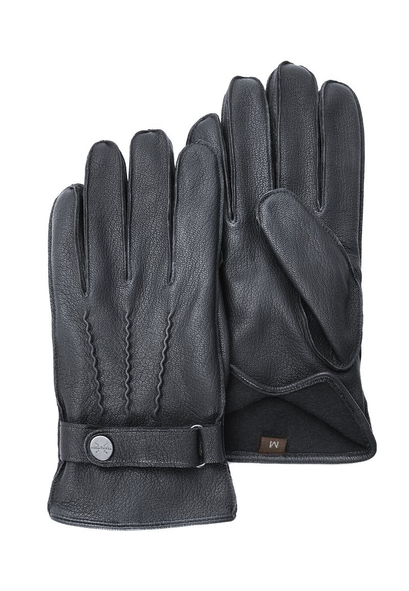 Schwarze Lederhandschuhe mit einer strukturierten Oberfläche, verziert mit genähten Details auf der Rückseite, einem Riemen mit einem metallischen Druckknopf und einemweichen Innenfutter.