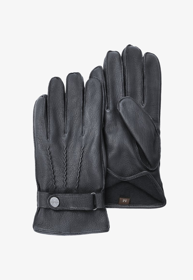 Schwarze Lederhandschuhe mit einer strukturierten Oberfläche, verziert mit genähten Details auf der Rückseite, einem Riemen mit einem metallischen Druckknopf und einemweichen Innenfutter.