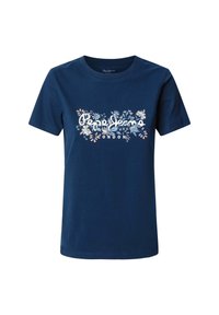 T-shirt en coton bleu marine à manches courtes et encolure ronde. Présente un motif de texte floral blanc avec "Pepe Jeans London" au centre.