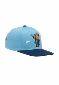 Light blue cap with a navy visor. Features embroidered cartoon characters, including a dog in a pilot outfit, and clouds in background.