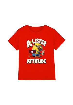 Red T-shirt with a Minion character on a director’s chair holding a drink, surrounded by the words “A-Lister Attitude” in bold text.