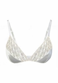 Valge pitsist rinnahoidja, millel on satiinist alus, kolmnurksed kausid ja reguleeritavad rihmad. Pitsil on lilleline muster ning delikaatne tekstuur.