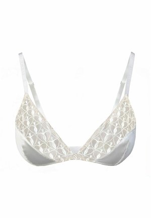 White lace bra featuring a satin base, triangular cups, and adjustable straps. The lace has a floral pattern with a delicate texture.