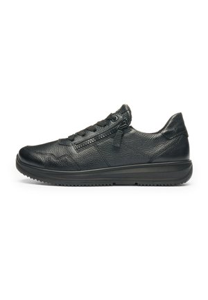 Black leather sneaker with side zipper, black laces, and ridged sole, shown from the outer side on a white background.