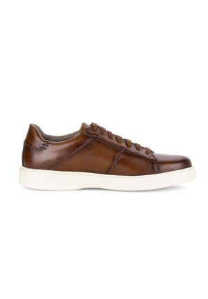 Brown leather sneaker with white rubber sole, brown laces, and visible stitching, shown from a side view on a plain white background.