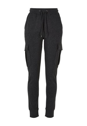 Pantaloni jogger gri închis, cu croială slim, talie elastică, șnur de ajustare, glezne strânse și buzunare cu clapetă pe ambele coapse.